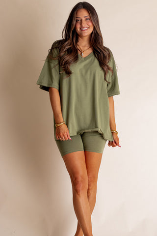 Piece It Together V Neck Top and Biker Shorts Set