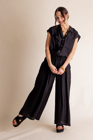 Wilder Days Button Down Top And Wide Leg Pants Set