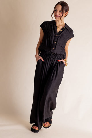 Wilder Days Button Down Top And Wide Leg Pants Set