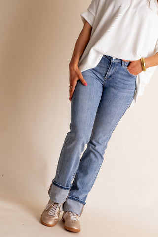 Megan Mid Rise Long Straight Leg Jeans