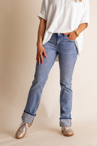 Megan Mid Rise Long Straight Leg Jeans