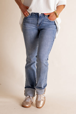 Megan Mid Rise Long Straight Leg Jeans