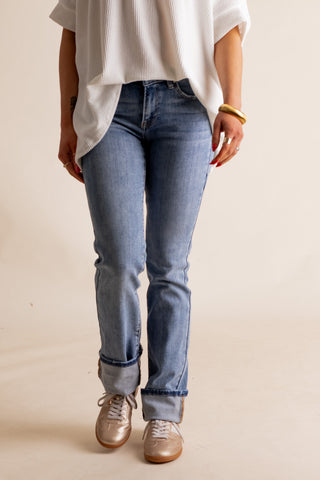 Megan Mid Rise Long Straight Leg Jeans