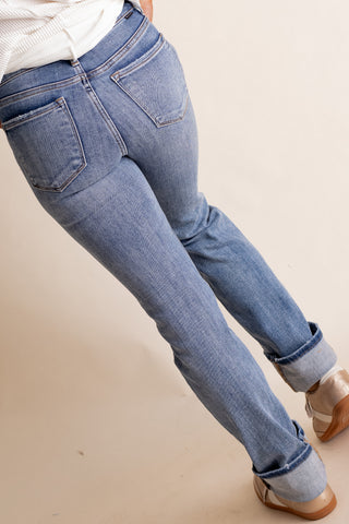 Megan Mid Rise Long Straight Leg Jeans