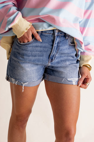 Aurora High Rise Ripped Hem Shorts