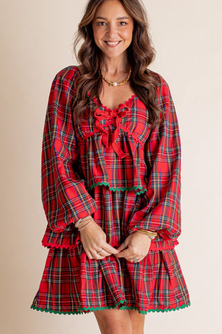 Lively Love Plaid Velvet Bow Tiered Dress