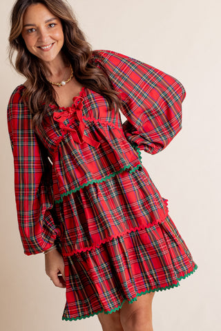 Lively Love Plaid Velvet Bow Tiered Dress