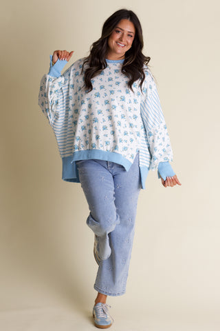 In Motion Floral Oversized Top - Light Blue