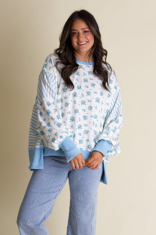 In Motion Floral Oversized Top - Light Blue