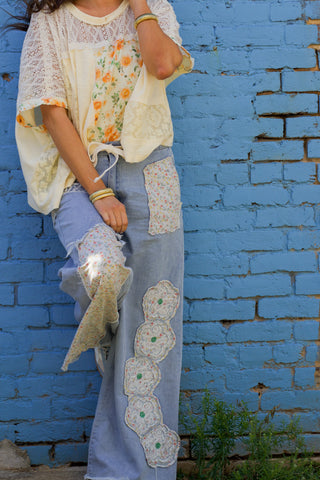 Can't Wait Drawstring Floral Patch Pants - Denim