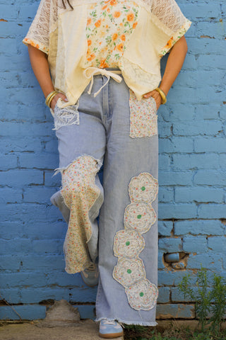 Can't Wait Drawstring Floral Patch Pants - Denim