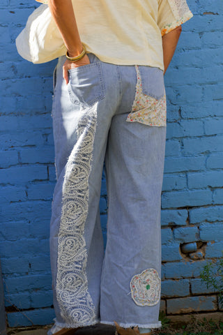 Can't Wait Drawstring Floral Patch Pants - Denim