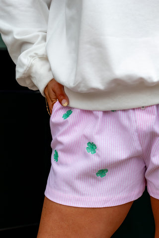 Lucky Clover Embroidered Shorts - Light Pink