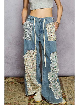 Can't Wait Drawstring Floral Patch Pants - Denim